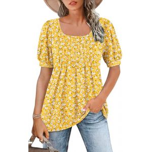 WNEEDU Tee Shirt Femme col Carr&eacute; Tunique Femme &Eacute;t&eacute; T-Shirt Manches Courtes Chemise Fluide Pliss&eacute;e Hauts Chic &Eacute;legant Ample Top Feuille Bleue Jaune XXL (WNEEDU EU, neuf)