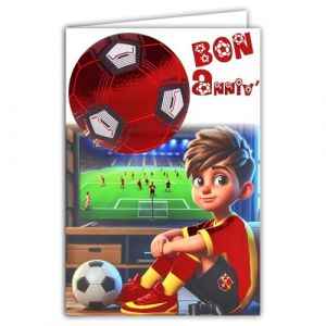 67-1279 Carte Bon Anniversaire pour Gar&ccedil;on Footballeur Ballon Rond de Foot Rouge Brillant Maillot Ray&eacute; Sang et Or Supporter Racing Club - Avec Enveloppe Blanche Format 12x17,5cm - Fabriqu&eacute; en France (A.F.W., neuf)