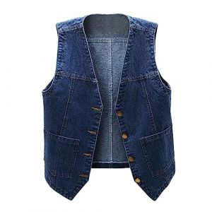 G&eacute;n&eacute;rique Veste en Jean Femme Court Manteaux Boutons Veste en Jean avec Poches Manteaux Sans Manche Boutonn&eacute;e pour Femme Gilet en Denim Lav&eacute; pour Femme Gilet Col en V Boutons Vest Top (QingHUImao, neuf)
