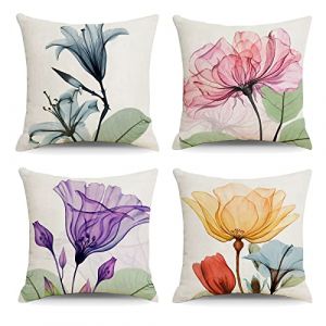 OCEUMACO Housse de Coussin 45x45 Fleurs Rose D&eacute;coratif Housses Coussins pour Canap&eacute; Lit Chaise Salon Lot de 4 Chic Fleuri Boheme Moderne Taie d'oreiller Doux en Lin Scandinave - Jaune Violet (Oceum, neuf)