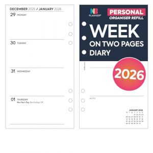 Recharge d'agenda semainier 2026 sur deux pages | Janvier 2026 &agrave; d&eacute;cembre 2026 | Compatible avec les organiseurs Filofax Personal Size 6 anneaux | 95 x 171 mm (Domina Group Ltd, neuf)