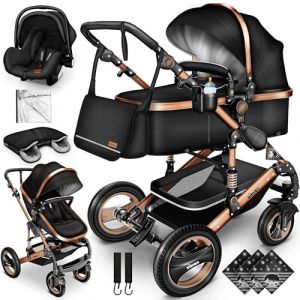 KIDUKU® Poussette Combinée 3 en 1 | Trio pour Enfants | Siége Auto Légère, Piable | Nacelle Souple Convertible | Set de Voyage (Noir/Champagne) (DWD-Company, neuf)