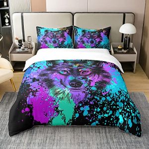 Parure de Lit 220x240 en 100% Coton, Ensemble de Literie Wolf, Housse de Couette Tie Dye, Housse Couette Animaux Safari Imprimés pour Enfants Garçons, 2 Taies d'oreiller, Teal Noir Coloré (Suzhou yiyanyun e-commerce Co., Ltd, neuf)