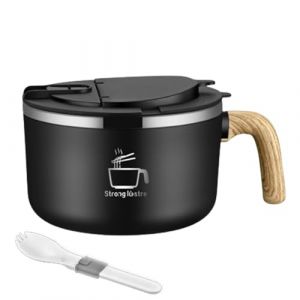 Tuzsocr Bol à ramen en acier inoxydable,Bols de Nouilles Instantanées(1200ML),Bol à Soupe avec Couvercle,Bol Pâtes avec Cuillère Pliante,Poignée en Grain de Bois,pour Ramen Japonais Udon Soba (Noir) (ZRY., neuf)