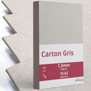 10 A2 Carton Gris 1,5mm d'&eacute;paisseur - format 42x59,4cm - Pour reliure A2 de 925 g/m2 - Carton press&eacute;, recycl&eacute;, rigide compact - Cartonnette scrapbooking (Anhelus, neuf)
