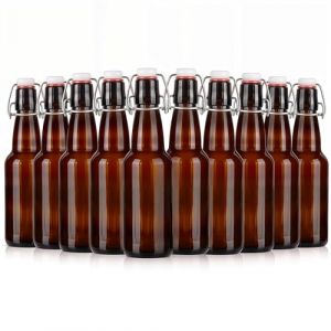 Winter Shore Petites Bouteilles en Verre Ambr&eacute;es 360 ml avec &Eacute;tiquettes (Lot de 10) - Bouteille Biere Vide avec Bouchon &agrave; Bascule - Bouteille Limonade Avec Bouchon - Bouteilles Kombucha & Soda (Honey Shuffle, neuf)