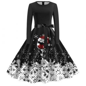 Robe de No&euml;l Femme Lutin Elfe Robe R&eacute;veillon Noel Vintage R&eacute;tro Imprim&eacute;e &agrave; Pois Mi Longue Ann&eacute;e 50 Rockabilly Pliss&eacute;e Swing Robes de Soir&eacute;e Cocktail D&eacute;guisement de P&egrave;re No&euml;l Adulte (A-Black, L) (BAULMD（90% Big Promotion Without Discount Code ）, neuf)