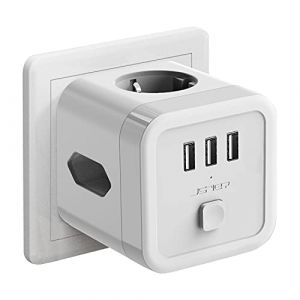 JSVER Cube Multiprise USB Murale,6 en 1 Prise USB Secteur Multiple Bloc Multiprise 3 Prises(1 Sortie AC,2 Prise Euro) avec 3 Ports USB Chargeur(2.4A) Parafoudre et Surtension avec Interrupteur-Blanc (JsverDirect, neuf)