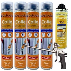 DSTOCK60 - Lot de 4 colles de montage polyuréthane + 1 pistolet + 1 nettoyant mousse - Mousse polyuréthane faiblement expansive pour le collage des panneaux isolants, rouleaux de bitume, huisseries (DSTOCK60, neuf)