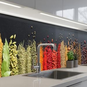 KitchenYeah&copy; Credence Cuisine Adhesive 60x350 cm Protege Mur Revetement Mural Adhesif Parement Interieur &Agrave; Coller Plaque Plastique Rigide &Eacute;pices - Herbes - Bandes - Arc-En-Ciel (KitchenYeah, neuf)