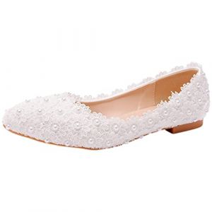 Jamron Femme &Eacute;l&eacute;gant Bout Pointu Fleur Dentelle Perles Chaussures de Mari&eacute;e Escarpins Semelle Souple Ballerines Blanc SN070435 EU38 (No.7 Fashion House, neuf)