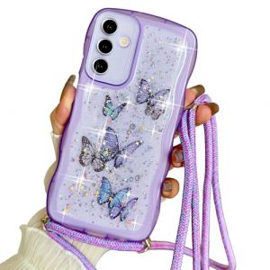 Yzniyzce Cordon de Coque Compatible avec Samsung Galaxy A16 5G 6.7'', Transparentes Curly Wave Housse Paillette R&eacute;glable Lanyard TPU Cute Silicone Lanyard Papillon &Eacute;tui pour Fille Femme, Pourpre (Ynice, neuf)