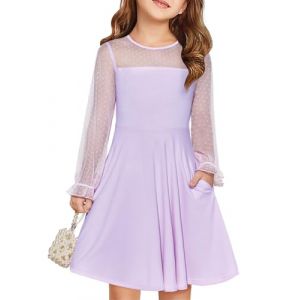 Haloumoning Robe de princesse festive pour fille - En maille contrast&eacute;e - Manches longues bouffantes - Robe d'&eacute;t&eacute; &eacute;l&eacute;gante - Ligne A - Col rond - Avec poches - Pour 6-14 ans, Violet, 7-8 ans (Zecio, neuf)