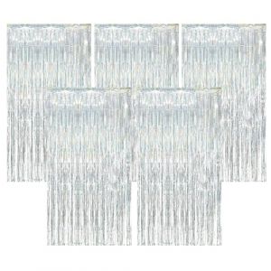 AIBAOBAO 5 Pièces Rideau D'étain Métallique à Franges, Rideaux à Franges, Rideau Métallique de Frange Brillant, Rideau en Aluminium pour Anniversaire, Mariage, Halloween （Laser Argent） (zjc nl, neuf)