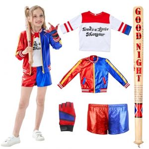 Udekit Costume de Cosplay de Super-Héros avec Batte de Baseball en PVC Souple, Gants en Cuir, T-shirt, Veste et Pantalon pour Harley Enfant Adolescent Fille Large (CoolcocoTM, neuf)