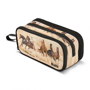 Trousse &agrave; crayons personnalis&eacute;e &agrave; 3 compartiments pour enfants - Motif troupeau de chevaux courant dans le d&eacute;sert (SKYDAA, neuf)