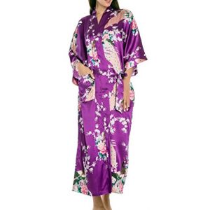 Kimono Chemise de Nuit Longue Femme Imprim&eacute; Soie Artificielle - Peignoir de Bain Femme pour Et&eacute; Automne - Violet - Taille 2XL (PYOUEU, neuf)