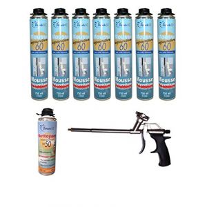 DSTOCK60 - LOT DE 7 MOUSSES PISTOLABLES + 1 PISTOLET + 1 NETTOYANT - MOUSSE EXPANSIVE 750 ML - MOUSSE POLYURÉTHANE PROFESSIONNELLE - ISOLE, COLLE ET REBOUCHE - EXTÉRIEUR ET INTÉRIEUR (DSTOCK60, neuf)