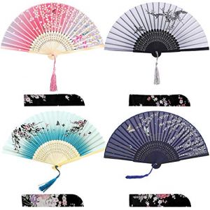 iZoeL 4 pièces Eventail Japonais Eventail Mariage Eventail Pliant Ventilateur Bois Tissus Poche Pliante Eventail Demoiselles Cadeaux Mariage Fête Decorer Danse Fête Eventail - Pochette de Protection (CrushOnu, neuf)