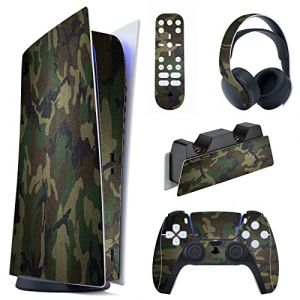 PlayVital Kit de Autocollants Skin Decal pour ps5 Sticker Vinyle pour ps5 Console&Manette&Station de Charge&Casque&Télécommande Média-Édition Numérique-Camouflage Vert Armée (Game Skindecal Store, neuf)