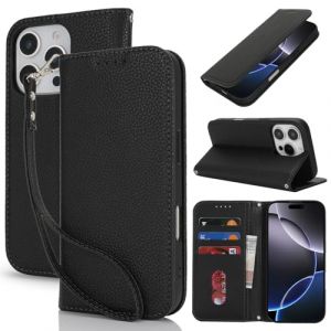 Lipvina Coque pour iPhone 16 Pro en Cuir Portefeuille avec Porte Carte et Rabat Clapet - Etui Antichoc Magn&eacute;tique pour Protection Compl&egrave;te de Votre iPhone 16 Pro,Noir (Machan-US, neuf)