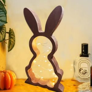 Lapin en Bois avec Guirlande Lumineuse LED, Lampe Lapin Lapins en Bois Moderne Lapins de P&acirc;ques D&eacute;coratifs en Bois, Printemps Deco Paques Table D&eacute;coration Lapin de P&acirc;ques Debout P&acirc;ques (30x16,5x3 cm) (JINGTOPS EU Direct, neuf)