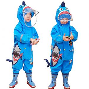 JinBei Enfant Imperm&eacute;able &agrave; Capuche Combinaison de Pluie Gar&ccedil;on Bleu Manteau Veste Pantalon 3D Requin Dessin Anim&eacute; Cape L&eacute;ger Rayure R&eacute;fl&eacute;chissante Poncho Respirant Voyage Imperm&eacute;ables 6-8 Ans (JinBei, neuf)