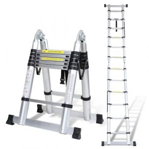 Cecaylie Échelle télescopique Pliante en Aluminium 3,8 (1.9+1.9) m Échelle Extensible - Échelle en Aluminium antidérapante Polyvalente, Charge 330lbs (150 kg), Argent (HAOHUOBPY, neuf)