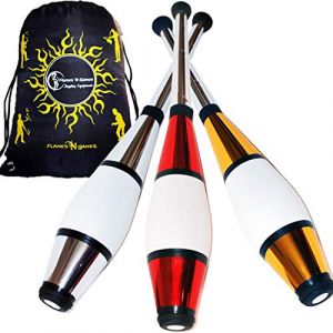 3X Euro Pro Massues De Jonglage (12 Options de Couleur/Metallic Déco) Massue Pro à Jongler. Formation Jonglerie Massues + Flames N Games Sac de Voyage! (Argent/Rouge/Or) (Juggle World - Specialist Juggling Store, neuf)