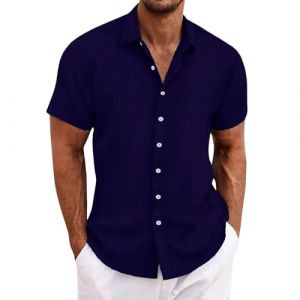Chemise en lin pour homme - Manches courtes - Chemise en lin - Chemise de loisirs - Coupe droite - Chemise d'été avec col montant - Décontractée - Coupe droite - Chemise rayée, Marine, M (runBel, neuf)