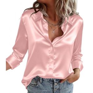 Zeagoo Chemisier Femme Satin &agrave; col en V La Soie &Eacute;l&eacute;gante Blouse Chic Manches Longues Chemise Boutons Ample &agrave; Manches Longues Chemisier de Soir&eacute;e Business Top Rose XXL (Zeagoo direct, neuf)