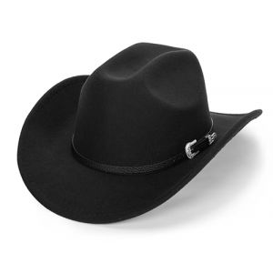 HilyBony Chapeau de cow-boy western pour femmes et hommes, chapeau Fedora classique &agrave; large rebord avec ceinture &agrave; boucle, Noir , L (wodege, neuf)