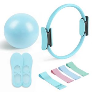 Kit Pilates Essentiel - Accessoires de Fitness Portables - avec Anneau Pilates Tonifiant, Bandes de Résistance Longues, Bandes Pilates Loop, Ballon Pilates Souple et Chaussettes Pilates Grip (Bleu) (Doullerli, neuf)