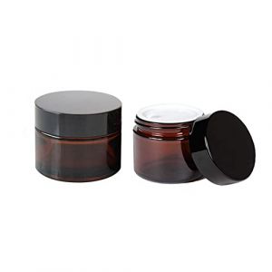 Lot de 2 bocaux en verre ambré de 50 ml avec couvercles noirs et doublure intérieure vides rechargeables pour cosmétiques, lotion, crème, poudre (Econg, neuf)