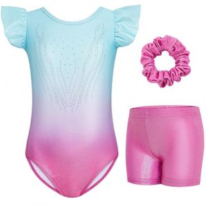 Gogokids Ensemble de Gymnastique à Manches Volantées pour Filles, 3 Pièces Justaucorps de Gymnastique pour Enfants avec Design à Paillettes Dégradées, Costumes de Gymnastique pour 8-9 Ans (KunTee, neuf)