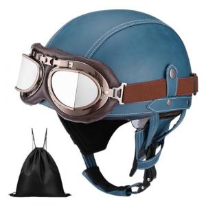 Uueybsg Casque de Moto Vintage Cuir Retro Casque Jet Casques Bols Demi Casque de Mobylette Cuir avec Lunettes Homologu&eacute; ECE Casque Scooter pour Adultes Homme et Femme avec Sac de Rangement (qoejeyon, neuf)