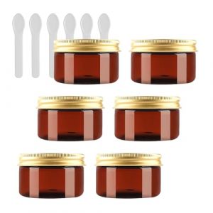 PQPAUTY 6 Pièces Vides Petit 100 ml Marron Cosmétique Pot en Plastique avec Couvercle Or 100 g Pots de Cosmétique Crème de Bouteille Contenant avec 6x Spatules (BEAUTYVALLEYEU, neuf)