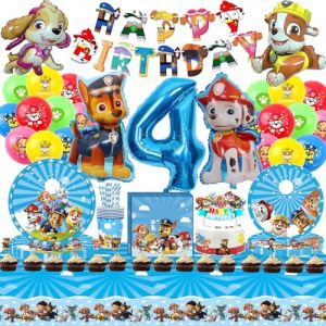 112 Pcs Pat' Dog Patrouille 4 an Anniversaire Vaisselle Kit,Patte Patrouille Enfants D&eacute;coration Danniversaire Ballon Vaisselle,D&eacute;corations de Table D'anniversaire Assiettes Ballon (V-Tree, neuf)