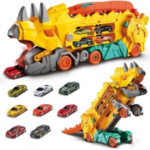 deAO Camion de Transport Dino, Jouet Voitures pour Garçons Inclus, Camion de Course Portable avec 8 Voitures de Vourse en Métal, Set de Jeu Transporteur Cadeau pour Enfants de 4 à 8 Ans (Jaune) (FOSDA, neuf)
