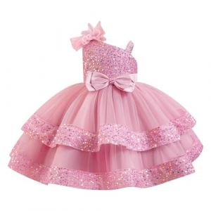 IDOPIP Enfant Fille Robe De Soir&eacute;e Sequins Bowknots Tulle sans Manches Anniversaire Noeud Papillon Robe pour La F&ecirc;te Rose 130cm (BXH, neuf)