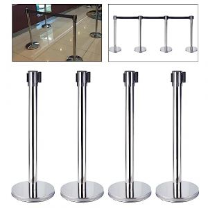 MEELRYD Lot de 4 barri&egrave;res - Syst&egrave;me de guidage des personnes - Poteaux de barri&egrave;re en acier inoxydable - Avec sangle r&eacute;tractable - Longueur de la sangle : 2 m - Noir (FUMEEL, neuf)