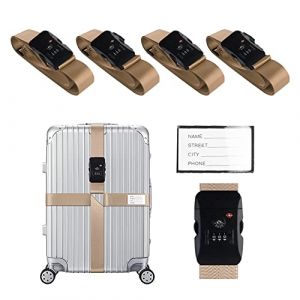 Veki Ensemble de Sangle de Bagage Croisées Approuvées TSA avec Verrou Ceintures de Valise de Voyage Réglables avec Carte d'identification et Sangles de Rangement pour Valises (Kaki, 4 pièce) (Rainbow185, neuf)