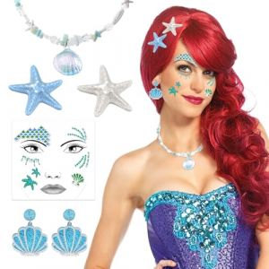 DPKOW Fille Sirène Costume Accessoires, Scintillant Visage de sirène Tatouage Carnaval Collier Boucle d'oreille sirène étoile de mer épingle à Cheveux Costumes de Carnaval Filles Dames Accessoires (dpkow, neuf)