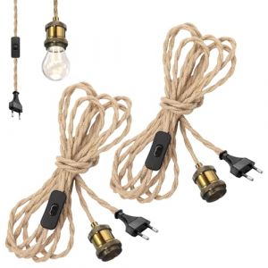 2 PCS Lustre Corde De Chanvre, Douille De Lampe E27 Vintage Avec C&acirc;ble, Suspendue Lustre Corde De Chanvre, 4.6M Cable Suspension Luminaire, Douille Interrupteur Avec Interrupteur Pour Maison, Chambre (IKSETERATA, neuf)