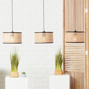 Lightbox Nature Lampe &agrave; suspendre - 120 x 110 x 25 cm - Lampe &agrave; suspendre avec abat-jour en rotin tress&eacute; & c&acirc;ble raccourcissable - 3 x E27, max. 52 W - en m&eacute;tal/rotin - en marron clair/noir (Lightbox-Shop, neuf)