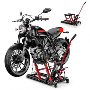 GOPLUS Cric Hydraulique Moto, Hauteure r&eacute;glable 11-38cm & Charge 680KG, Pont &Eacute;l&eacute;vateur Hydraulique avec Repose-Pieds, Roues Verrouillable, Plate-Forme Antid&eacute;rapant, (Rouge) (Augenstern24, neuf)