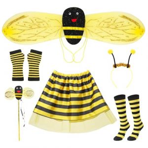 Kinwers Deguisement Abeille Enfant,6 Pièces Deguisement Fille 3 ans Contiene Falda Rayée/Ailes/Serre-Tête/Bas/Varita mágica/Guantes，deguisement carnaval enfant Adecuado 2/3/4/5/6 ans Fille. (haoqiandianshang, neuf)