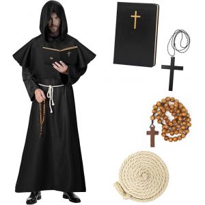 Haozozo Deguisement Halloween Homme,Costume Halloween Homme Comprenant Une Robe De Moine, Une Soutane, Un Carnet Classique Et Une D&eacute;coration En Forme De Croix - Costume Moine M&eacute;di&eacute;Val Adulte (L) (SAISAITOY, neuf)
