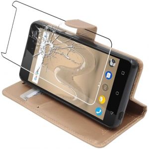 ebestStar - Coque Compatible avec Wiko Sunny 2 Plus Etui PU Cuir Housse Portefeuille Porte-Cartes Support Stand, Or/Dor&eacute; + Film Protection &eacute;cran Verre Tremp&eacute; [Appareil: 146.3 x 73.7 x 9.8mm, 5.0''] (ebestPro-fr, neuf)