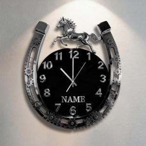 Certykllp Horloge murale en forme de fer à cheval imprimée en 2D personnalisée en acrylique avec nom pour les amateurs de chevaux, horloges décoratives pour la maison et le bureau - 2 (Certykllp, neuf)